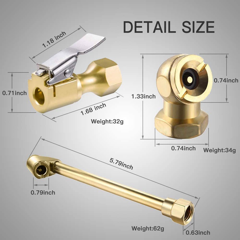 3 Pack Heavy Duty Brass Air Chuck Set, 1/4 Inch Brass Air Chuck for Tire Inflator Gauge Compressor Accessories