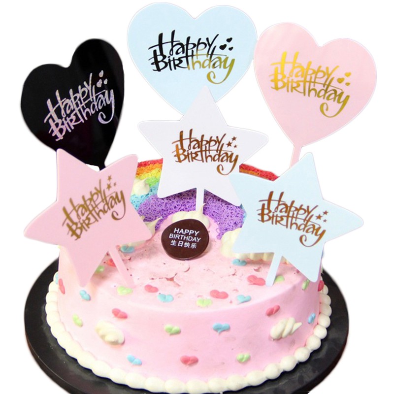 Hz 1pcs Bronzing Happy Birthday Cake Topper Acrylic Love Heart