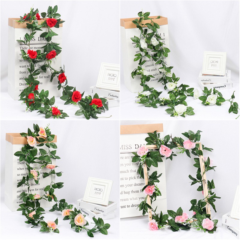 Artificial Flower Vine Decorative Fake Plastic Ivy Hanging Rose Garland Wedding Home Wall Decoration Faux Plants Leaf