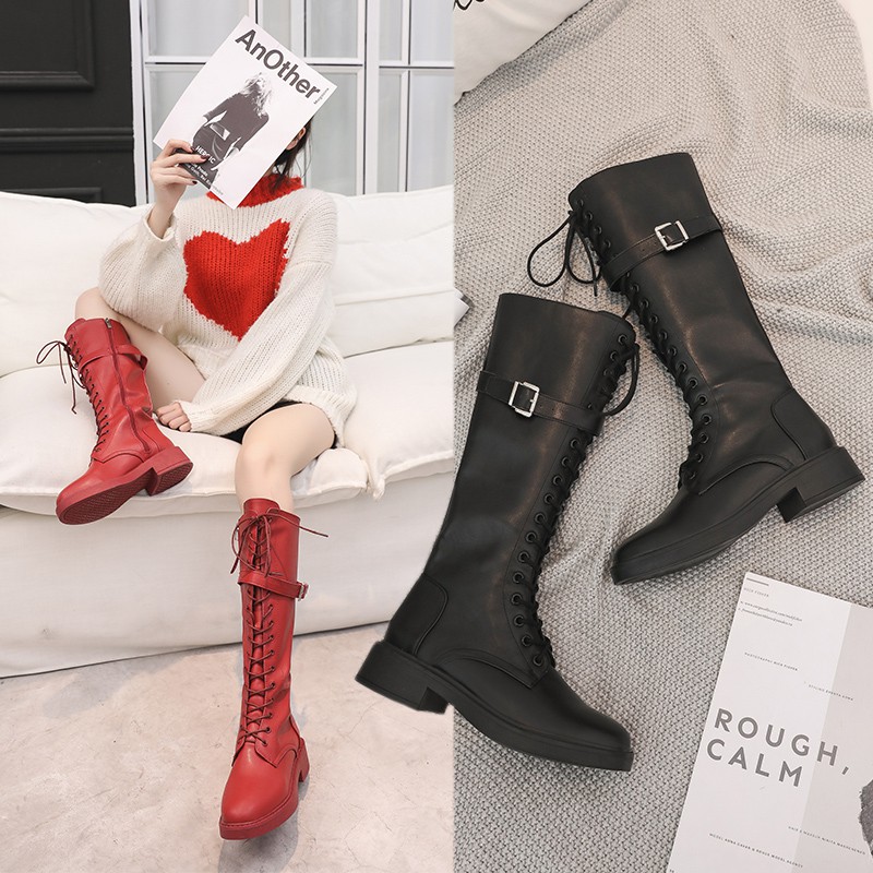 red knee high boots