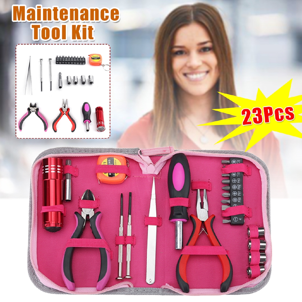 23Pcs Tool Set Kit Box Pink Women Ladies Girls Female Hand Tools Pliers