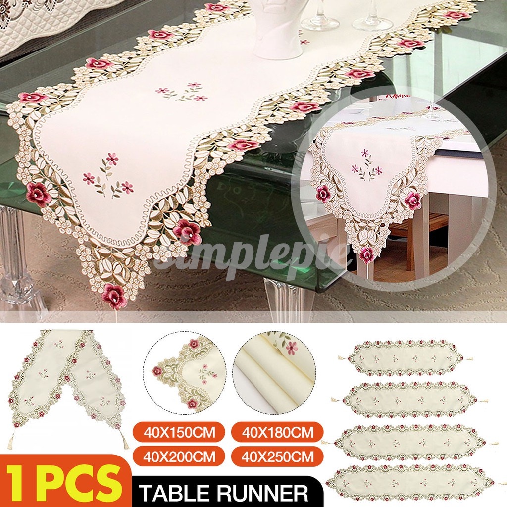 Ethomes White lace embroidered table runner with tassel 150cm
