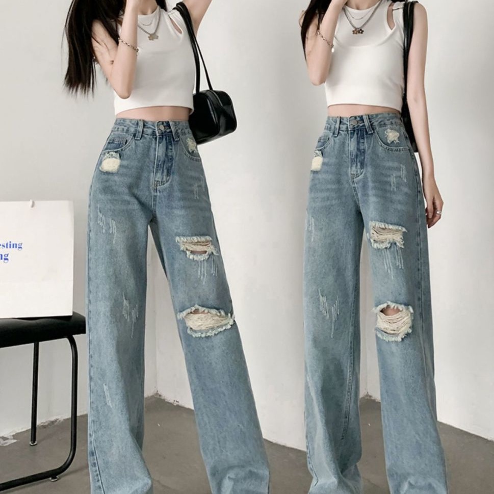 Ripped Jeans Women Straight Loose Thin Style High Waist Mopping Pants ...