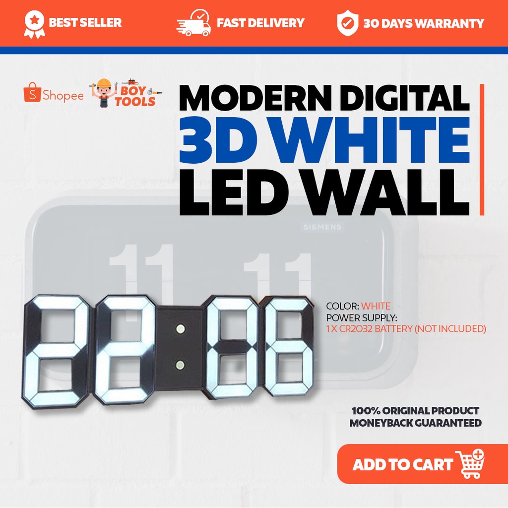 BOY TOOLS Modern Digital 3D White LED Wall Alarm Clock 12/24hrs Multi