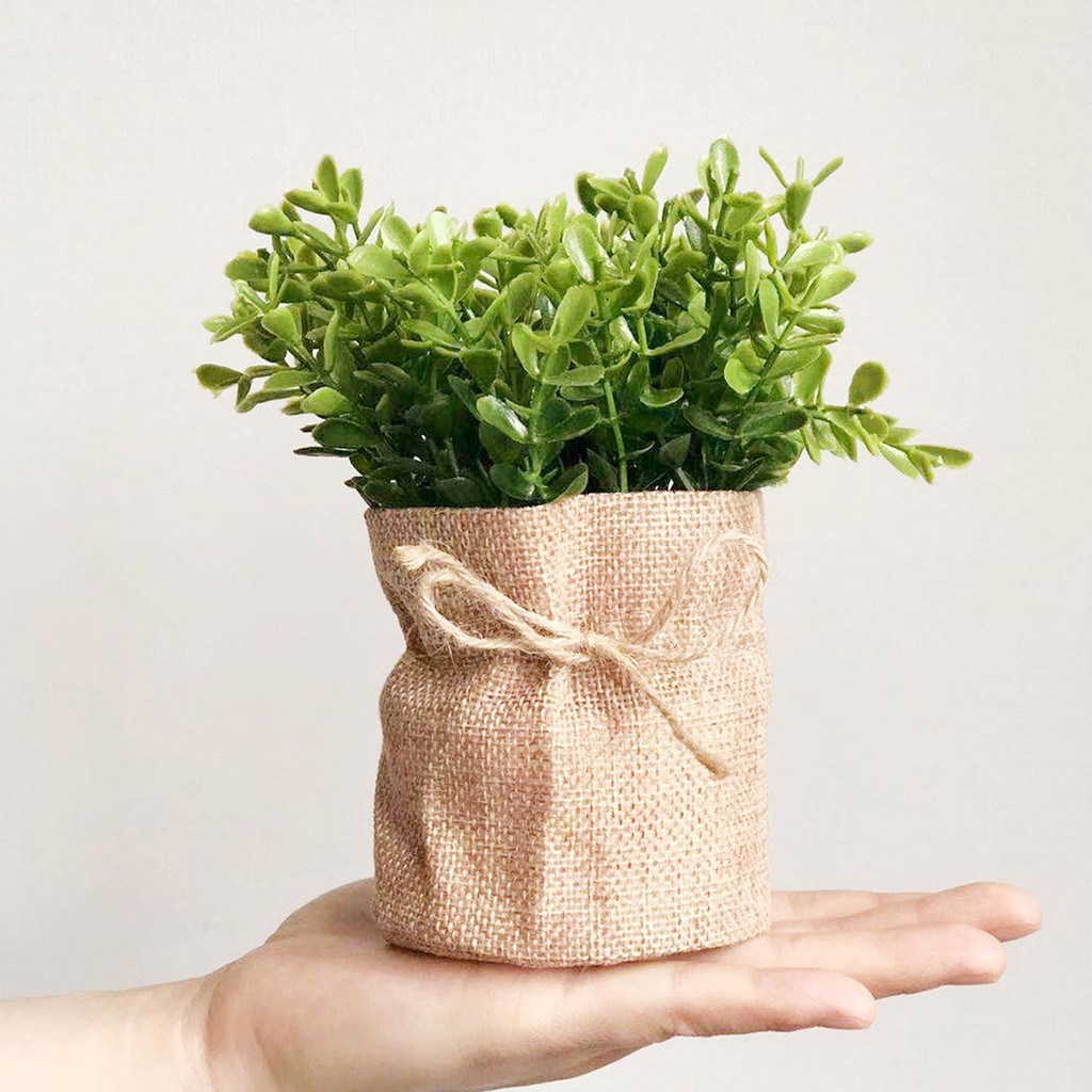 1 Pot Flower Spring Grass Eucalyptus With Sack Basket Artificial Silk Flowers Bride For Wedding Party Home Decoration