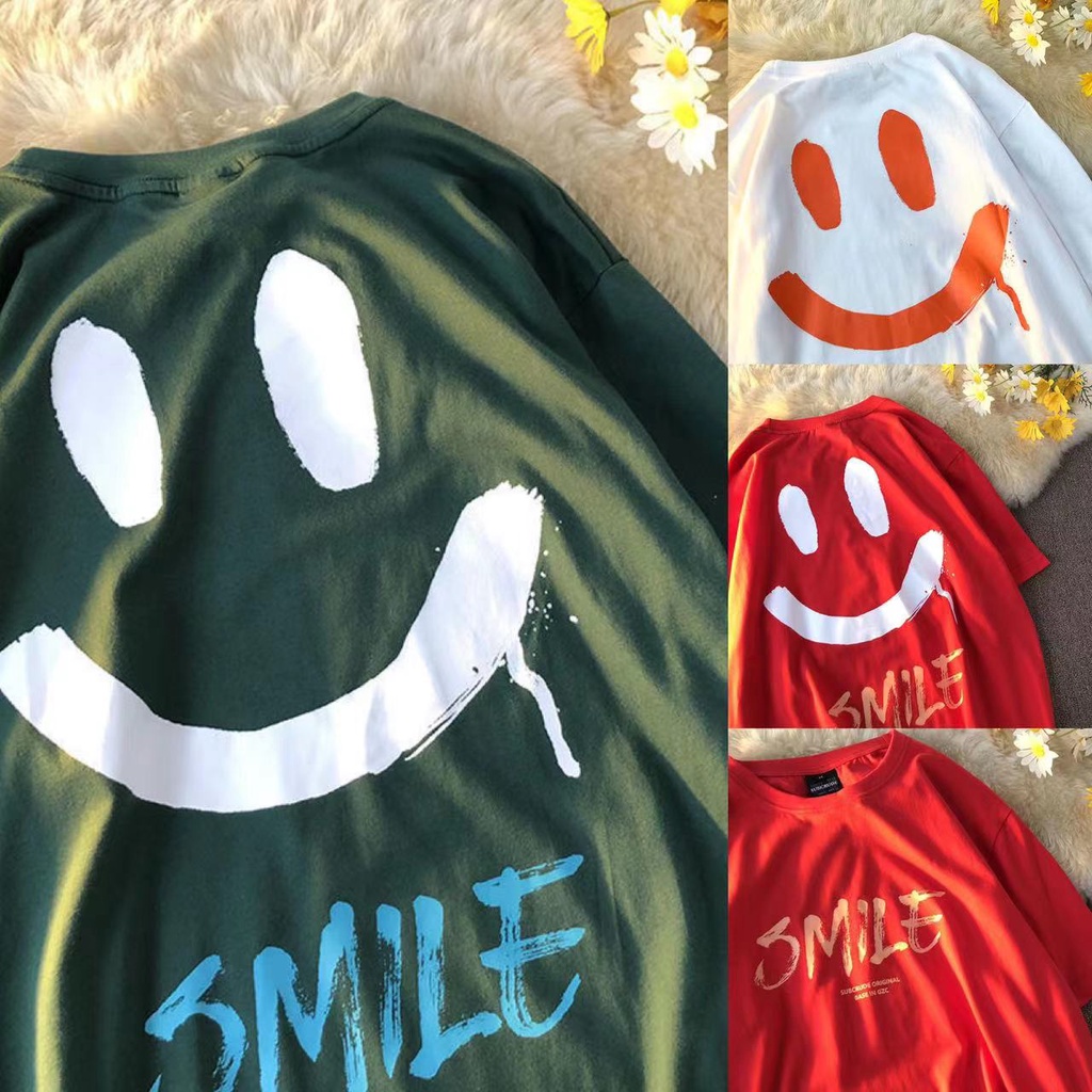 【Pure Cotton/Plus Size】Smile Face Emoji Printed Plus Size Cotton T-shirt Unisex Round Neck Short Sleeves Oversized T-shirt 100% Cotton Big Size Loose Fit Casual Tops For Men Wom