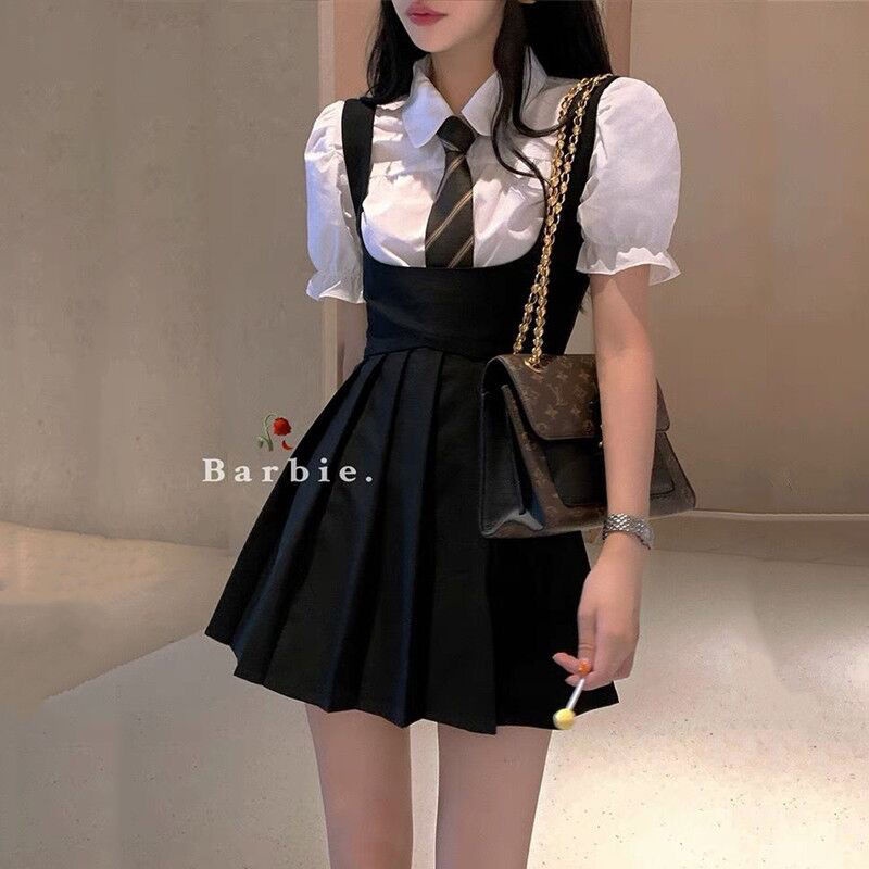 Black dress suspender skirt female summer girl jk uniform dress + puff
