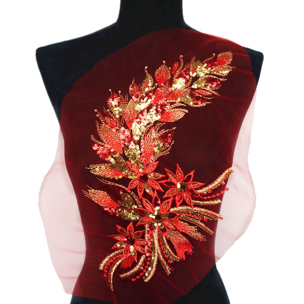 Red Sequin Embroidery Flower Lace Applique Net Trim Sew Fabric