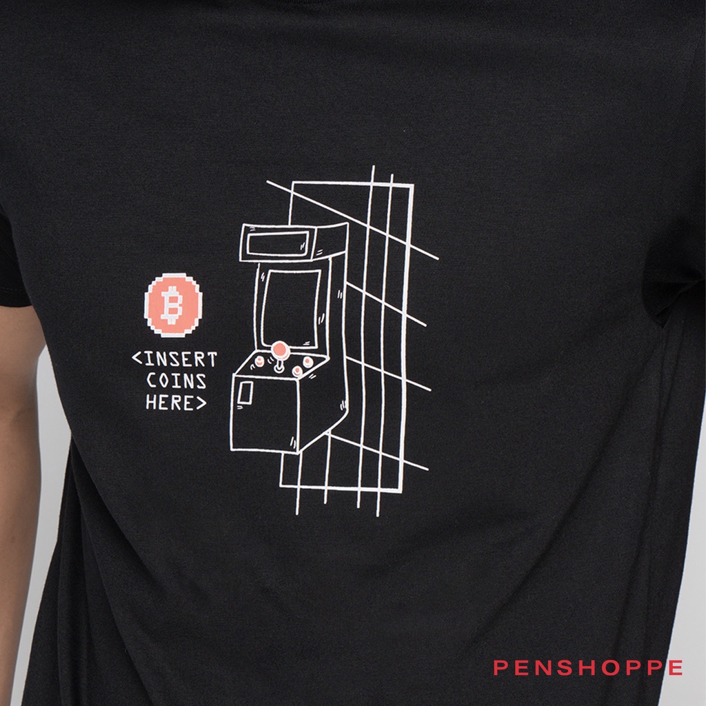 Penshoppe Insert Coin Here Semi Fit Graphic T-Shirt For Men (Black)