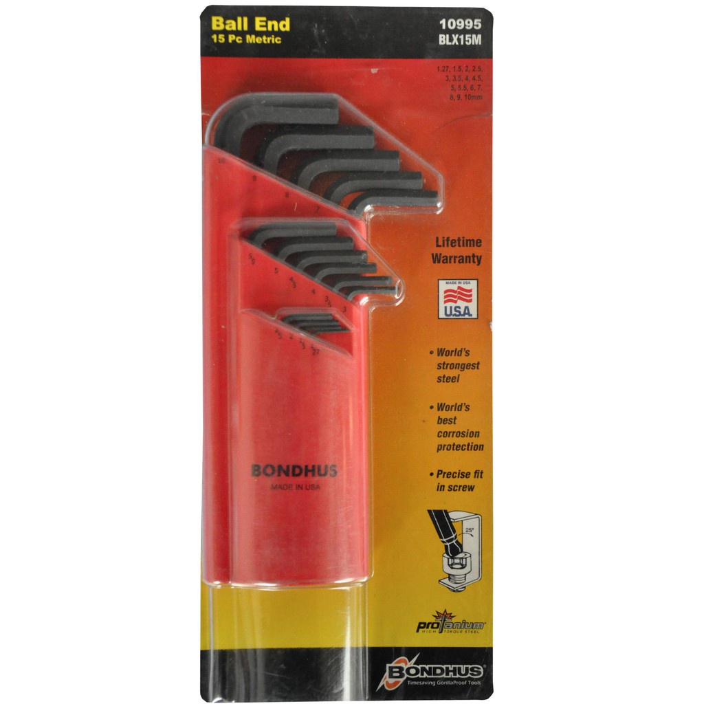 15 pc. Bondhus Ball Point Long Arm Hex Key Allen Wrench Set in Plastic Caddy 1.27 to 10mm 10995
