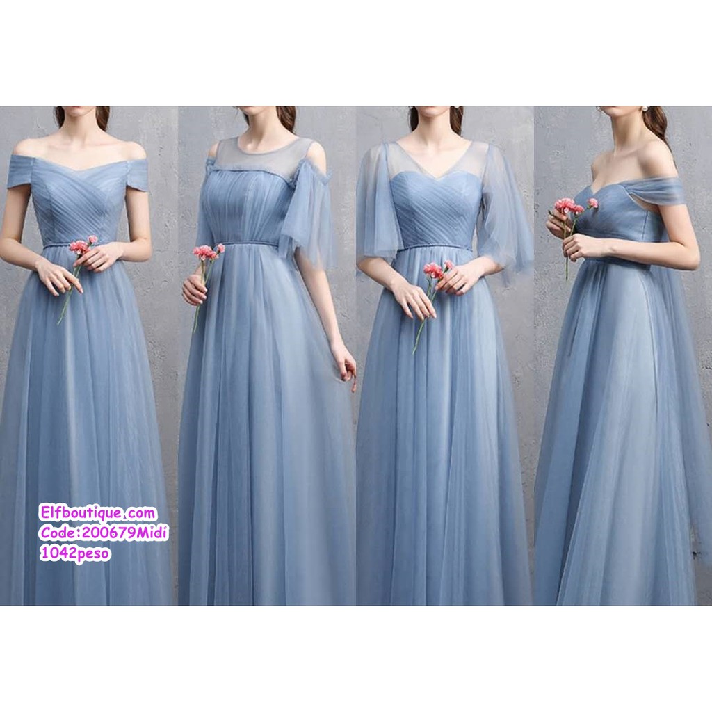 Woman Elegant Korean Style Grey Blue Bridesmaid Gown Midi Shopee