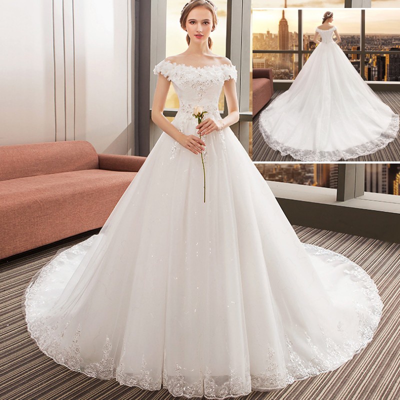 Simple Women Bridal White Lace Embroidery Beaded Long Tail Wedding Gown