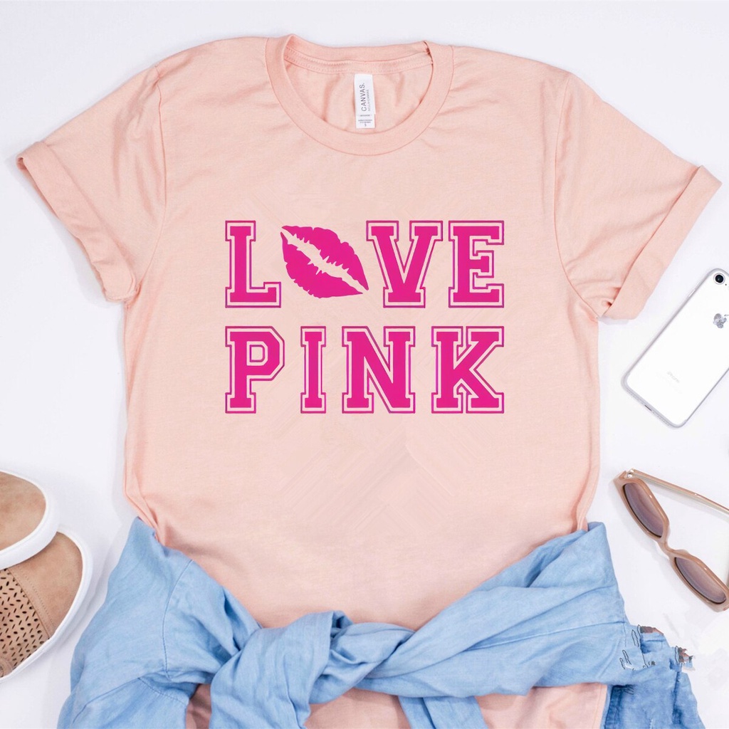 Women PINK Love Graphic Tee Pink Heart T Shirt Women VS Summer Tops Ladies Harajuku Shirts Tops #9