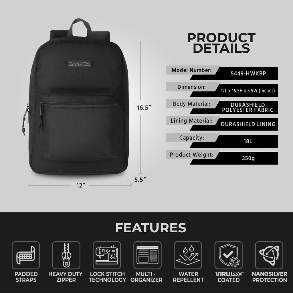 Hawk 5449 Backpack with VIRUPRO AntiMicrobial protection Shopee