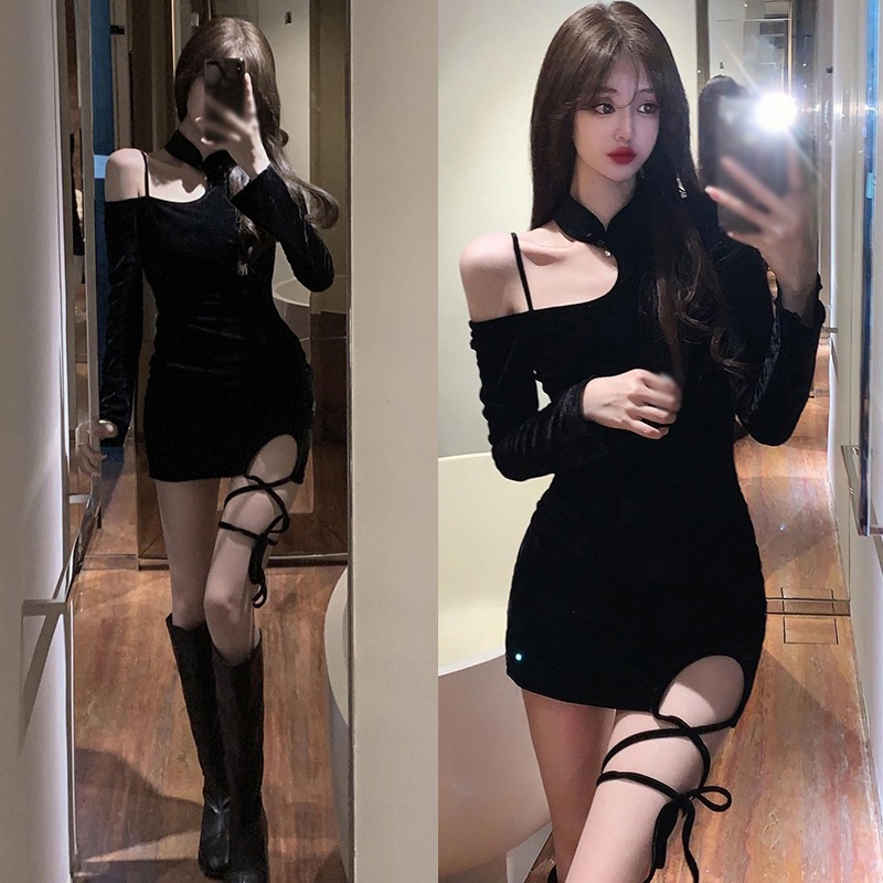 Korean sexy women's dress off shoulder halter strap tight long sleeve ...