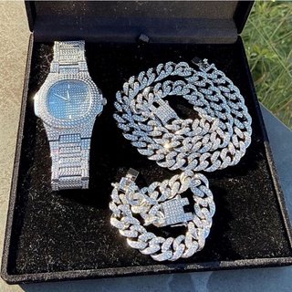3Pcs Necklace+Watch+Bracelet Hip Hop Miami Cuban Chain Iced Out Paved Rhinestones Bling Rapper Men Gold Color Jewelry
