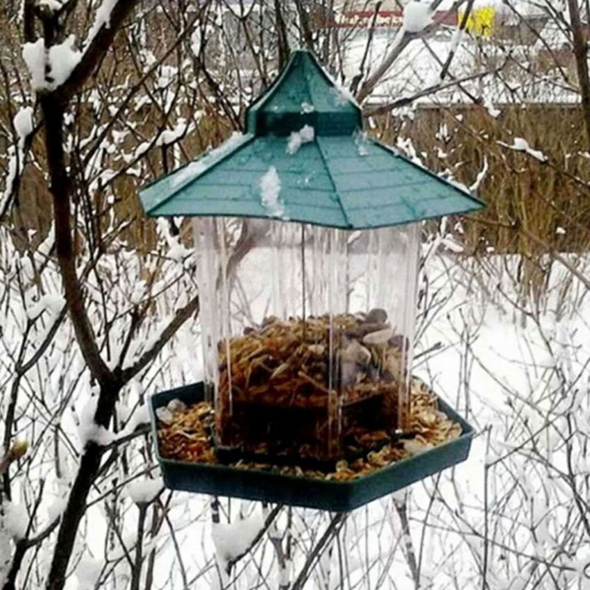 A1ST Green Pavilion Bird Feeder Plastic Hanging Bird Food Container Garden Decor 