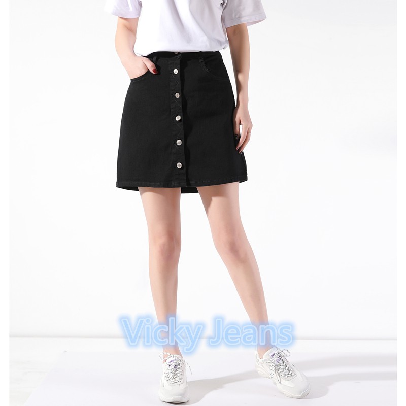 button down black denim skirt