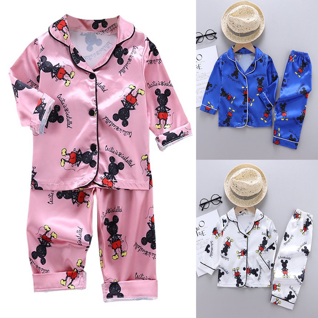 LOK02320 Mickey Mouse Pajama Terno For Baby Girls Boys Long Sleeve Blouse Tops + Long Pants