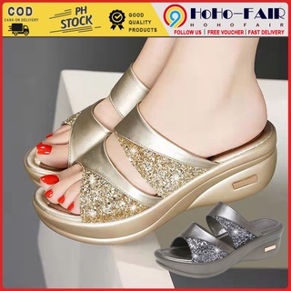 HOTKorean Women Mid Heels Slippers thick sandal Peep Toe Wedge Heel Shoes Platform Shoes Office Home