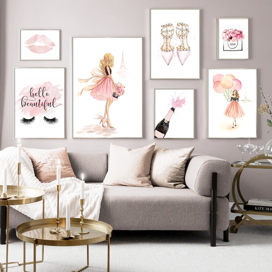 Fashion Girl High Heels Champagne Flower Eyelash Wall Art Canvas Nordic Poster Prints Wall Picture Unframed