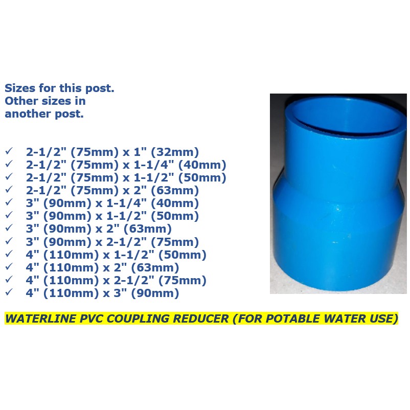 Waterline Pvc Coupling Reducer For Potable Water Use 2 1 2 75mm X 1 To 4 110mm X 3 Shopee Philippines