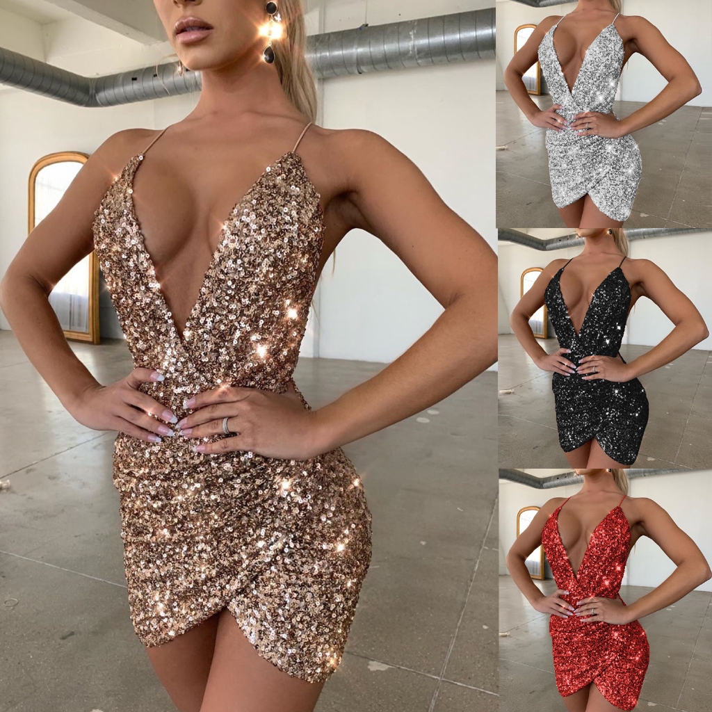 sequined deep v open back mini dress