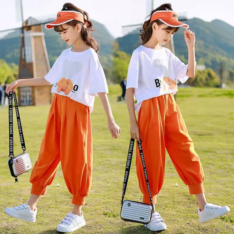 2022 New Style Girls Summer Suit Short-Sleeved Two-Piece T-Shirt+Pants Suitable For 3-5-8-10-12-13 Years Old Clothes