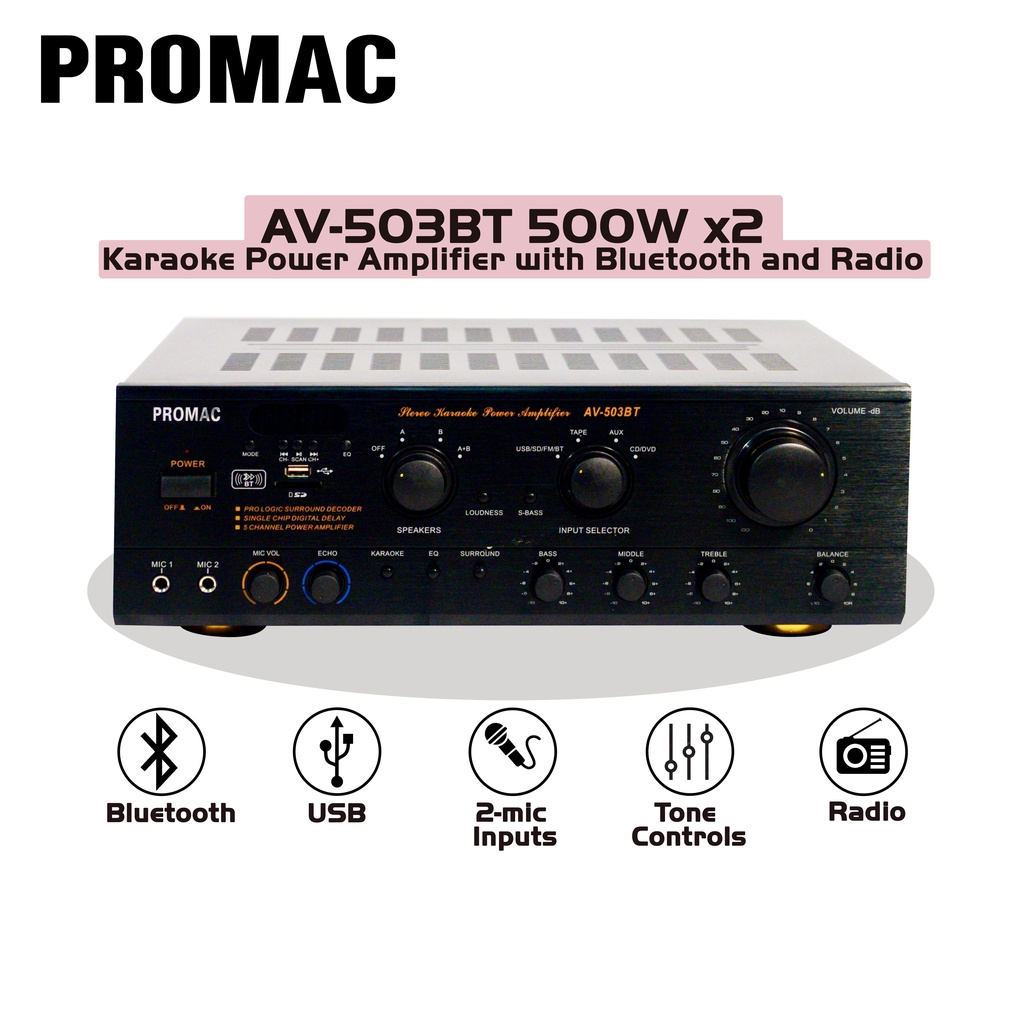 Promac AV503BT 500W (x2) Karaoke Power Amplifier with Bluetooth and FM