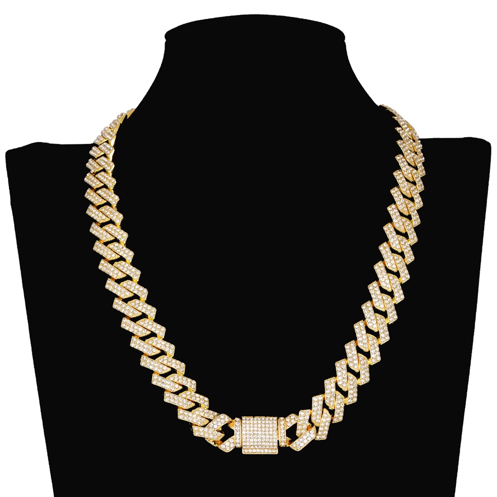 15MM Hip Hop Iced Out Chain Paved Rhinestones Necklace Silver Color Full Miami Curb Cuban Chain