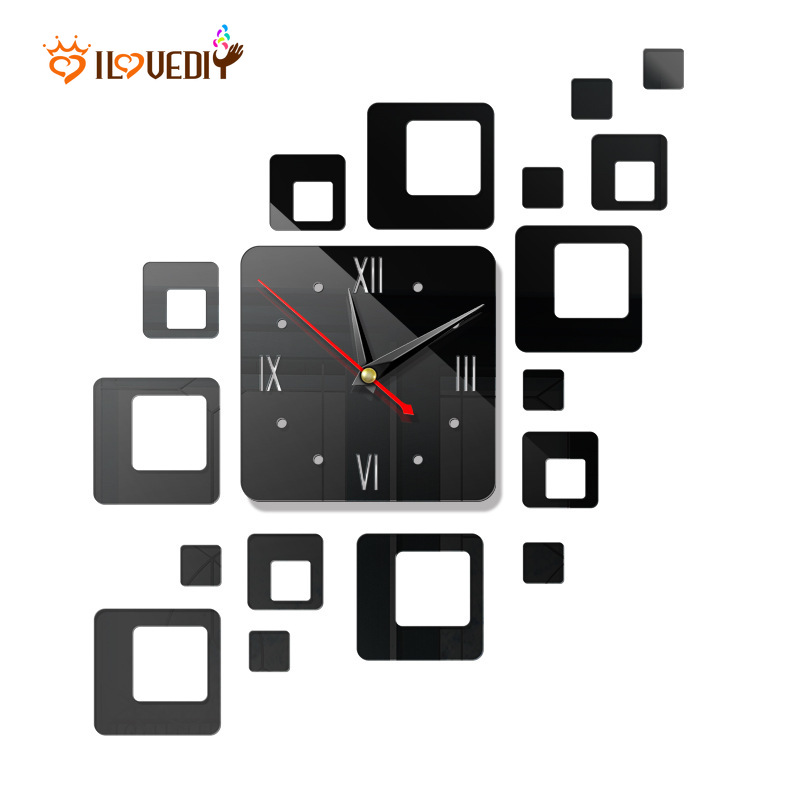 3D Black DIY Mirror Large Wall Clock / Acrylic Mirror Frameless Wall