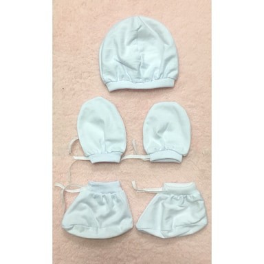 white baby hat and mittens