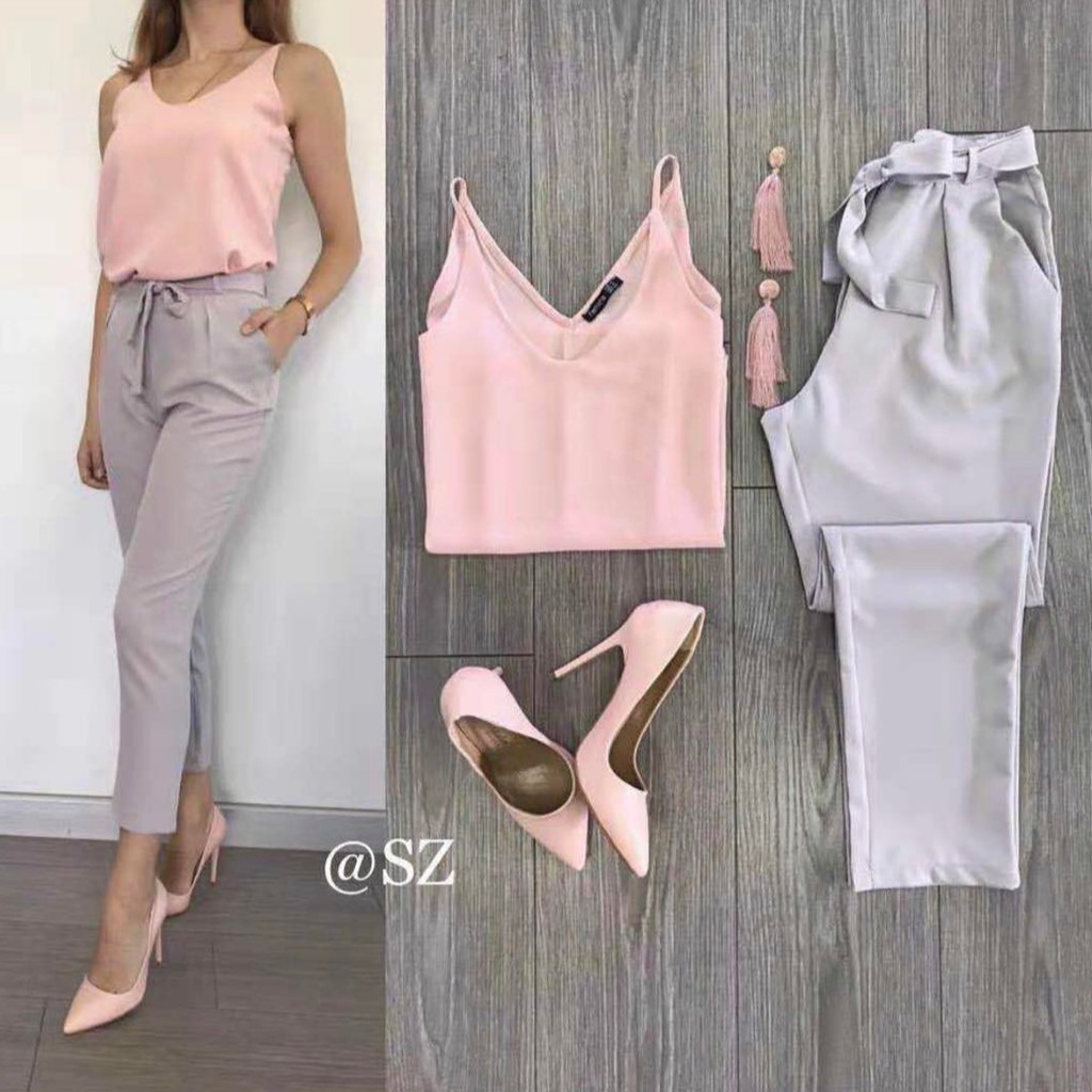 pink top grey pants