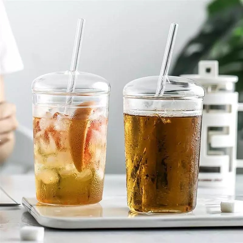 EC Minimalist Glass Cup with Glass Lid and Glass Straw Iced Coffee Cup ...