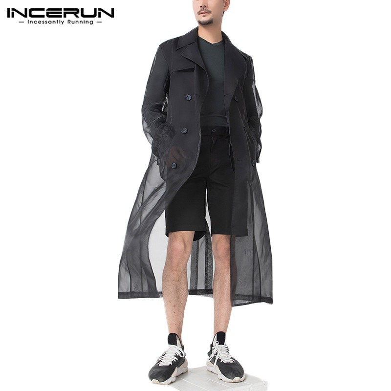 INCERUN Men Black Seethrough Long Sleeve Windbreak Lapel Long Jacket