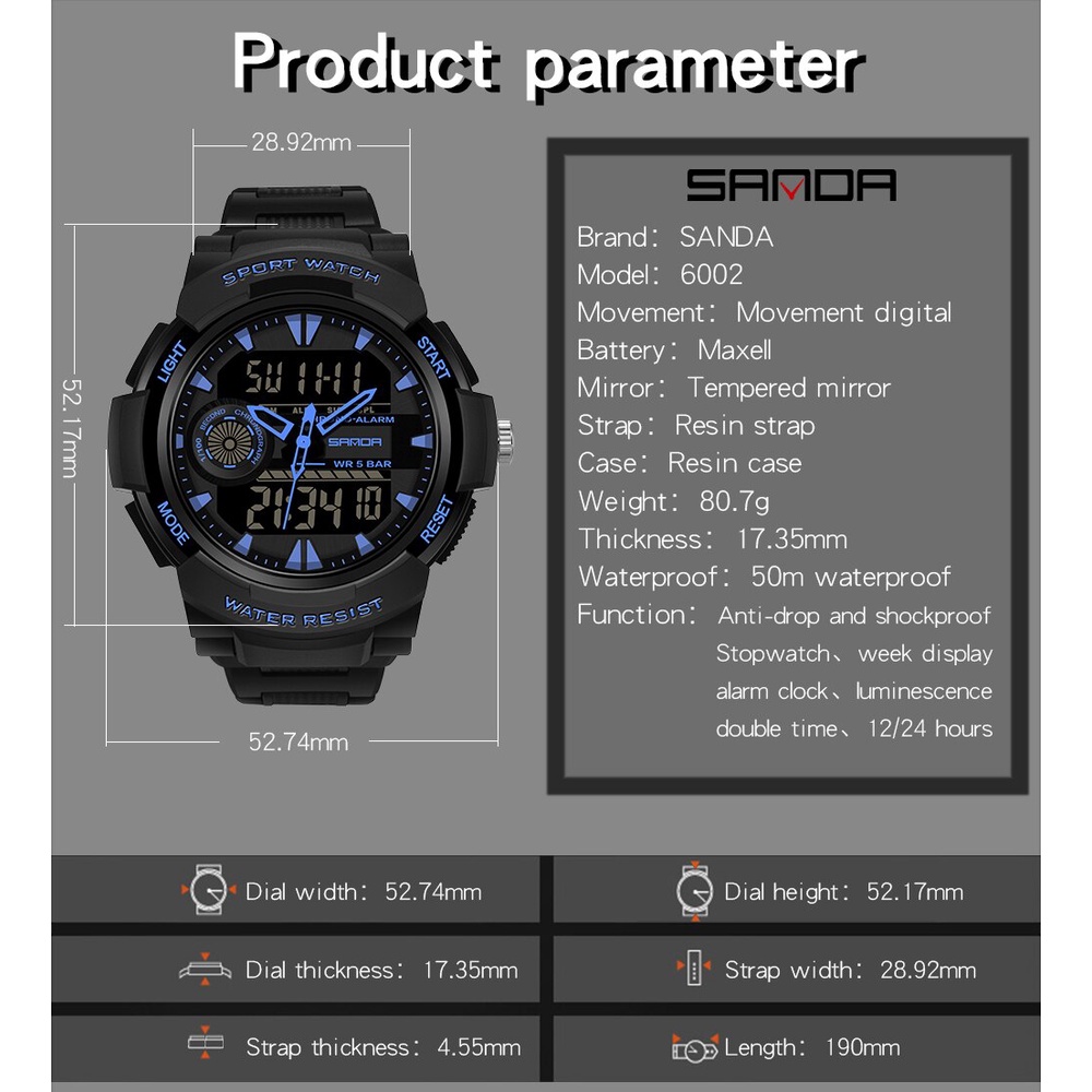 SANDA Fashion Outdoor Sport Watch Men Multifunction Watches Alarm Clock Chrono 5Bar Waterproof Digital Watch