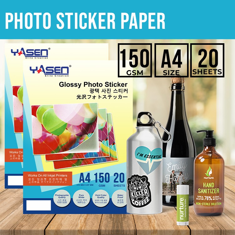 Yasen Photo Sticker Paper 150 GSM A4 Size 20 Sheets [Waterproof] Glossy ...