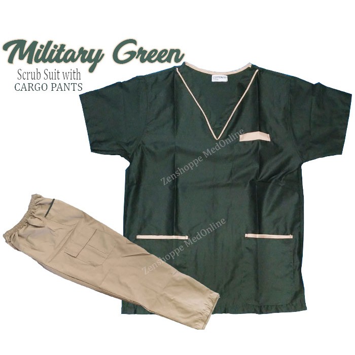 Scrub Suit Set with Piping & Cargo Pants (Military Green) [LCC