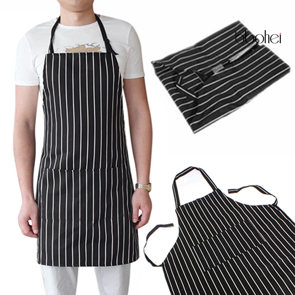 Catering Chef Cooks Butchers Bistro BBQ Apron Striped Cooking Baking Bib Pocket 