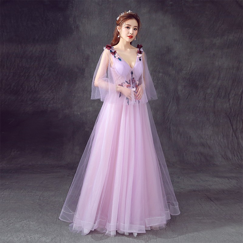 Purple Lace Flower Embroidery Wedding Gown Evening Dress Shopee