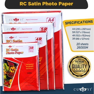 CUYI RC Satin Photo Paper 260GSM (20 sheets per pack) A4 / 5R / 4R / 3R