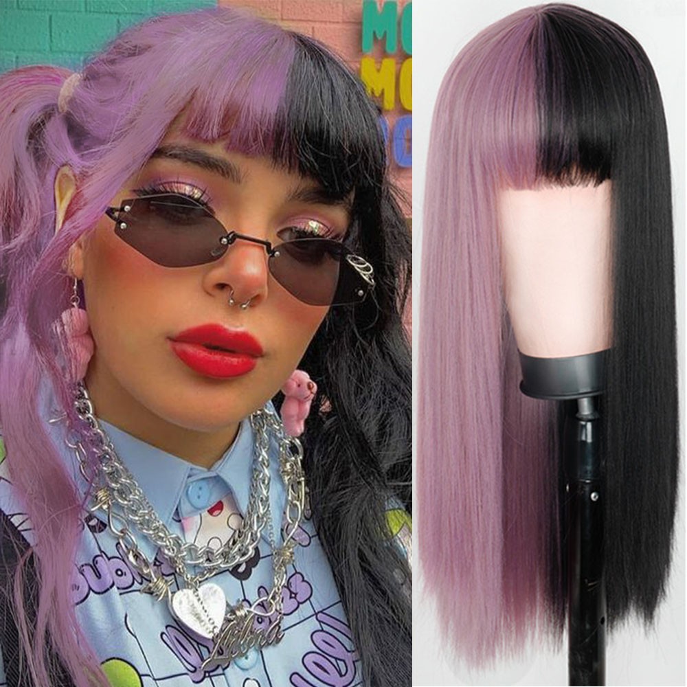 Lolita Cosplay Wig Half Pink Half Black Wig Long Straight Wig Halloween Wigs Two Tone Ombre Color Fo Shopee Philippines