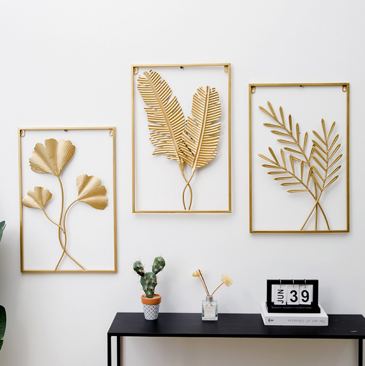 【Local Shipment】Metal Wall Decor with Square Frame, Leaf Art Gold
