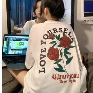 Korean Style Loose Casual T-Shirt Retro Rose Printed Short Sleeve Top for Women #4
