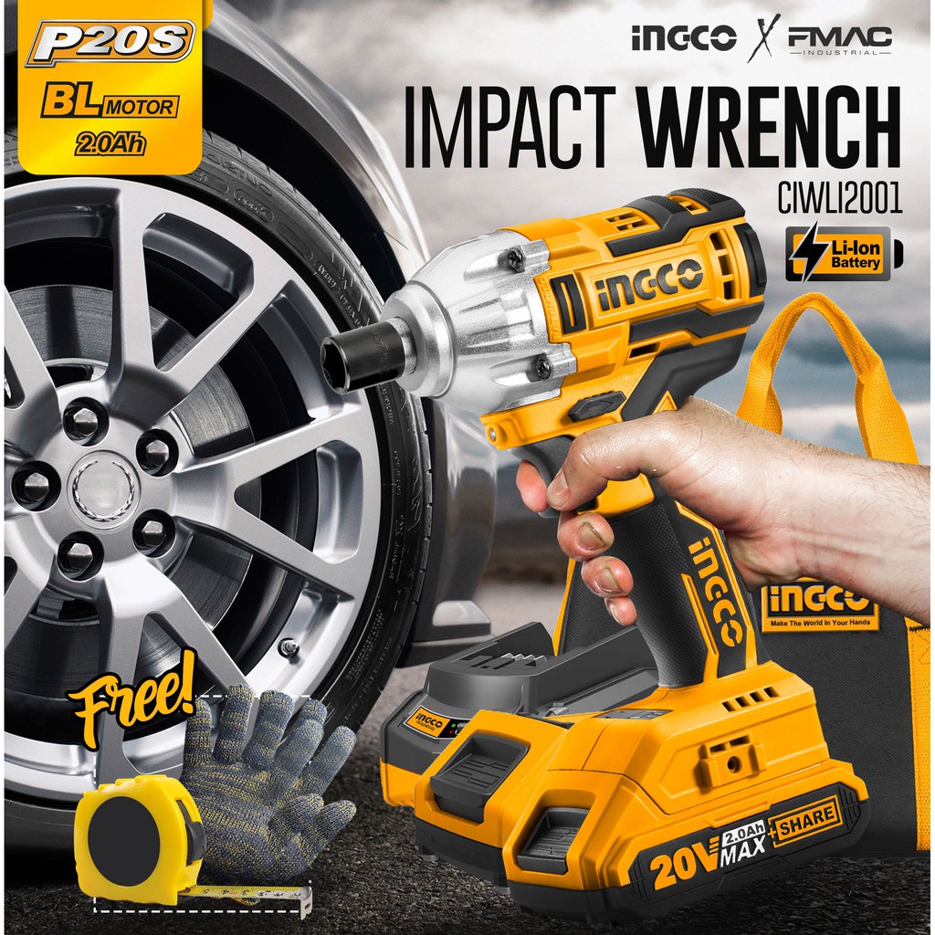 Ingco Liion Cordless Impact Wrench 20v 1/2 Square Drive (with 2pc