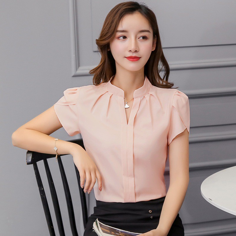 Ximandi Womens Summer Work Office V Neck Ruffles Sleeve Solid Chiffon Blouse Shirt Top Casual Korean Style Tops 
