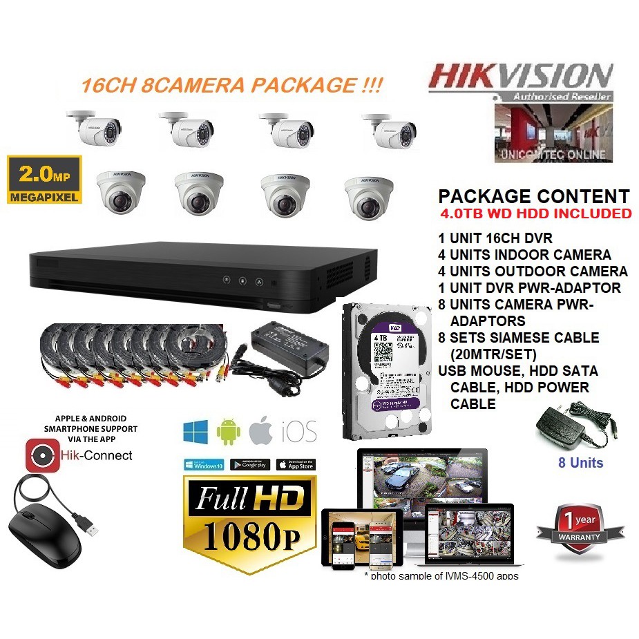 HIKVISION 16CH 2MP / 4TB HDD DVR Package with 8 Cameras (Standard or