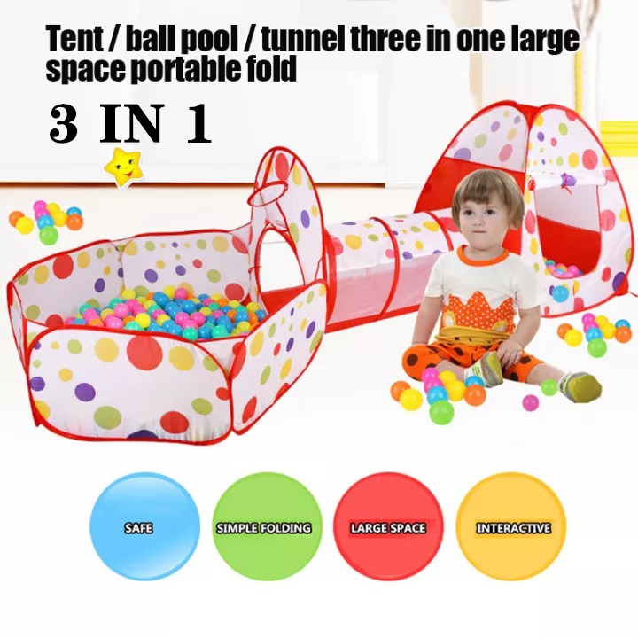 3 in1 Kids Play Tent with Tunnel Balls Pit Pop Up Tent Toddlers Crawl