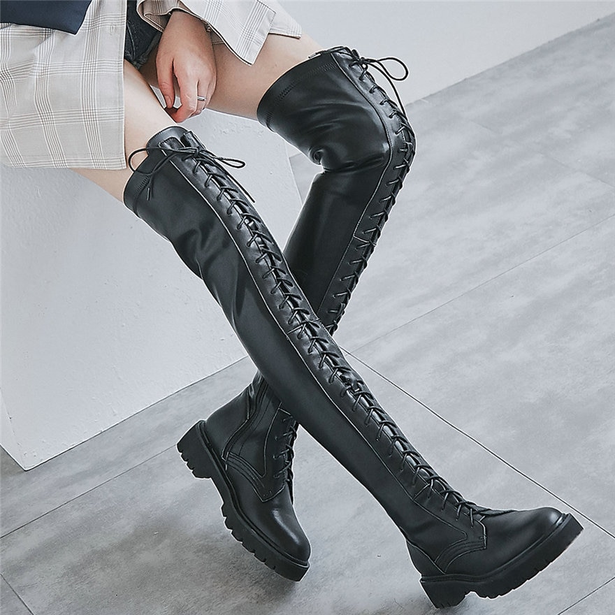 black lace up high boots