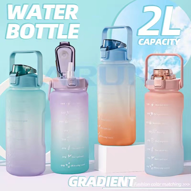 Motivational Water Bottle 2 Liters Pastel with Time Marker & Straw-BPA ...